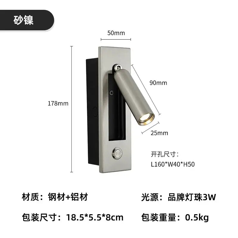 A sleek brushed silver wall light with cylindrical head and adjustable arm for led mounted headboard decorbites 3w led