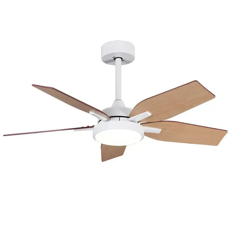 Modern black and white led ceiling fan with remote control featuring five light brown wooden blades and built-in led light