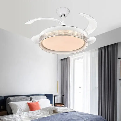 White crystal 48inch invisible chandelier ceiling fan with led light and curved blade design for bedroom use