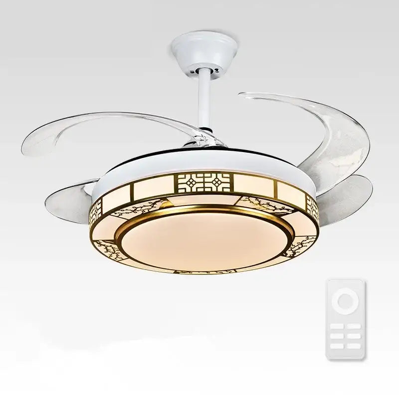 Modern geometric gold led ceiling fan with white and gold ornate design and transparent curved blades for living room lighting