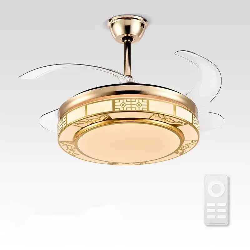 Gold-toned led ceiling fan with integrated light, clear acrylic blades, and geometric patterns for living room use