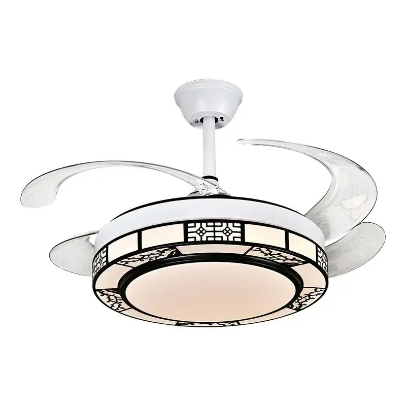 Modern geometric gold led ceiling fan with white translucent curved blades and decorative black patterned led ceiling light
