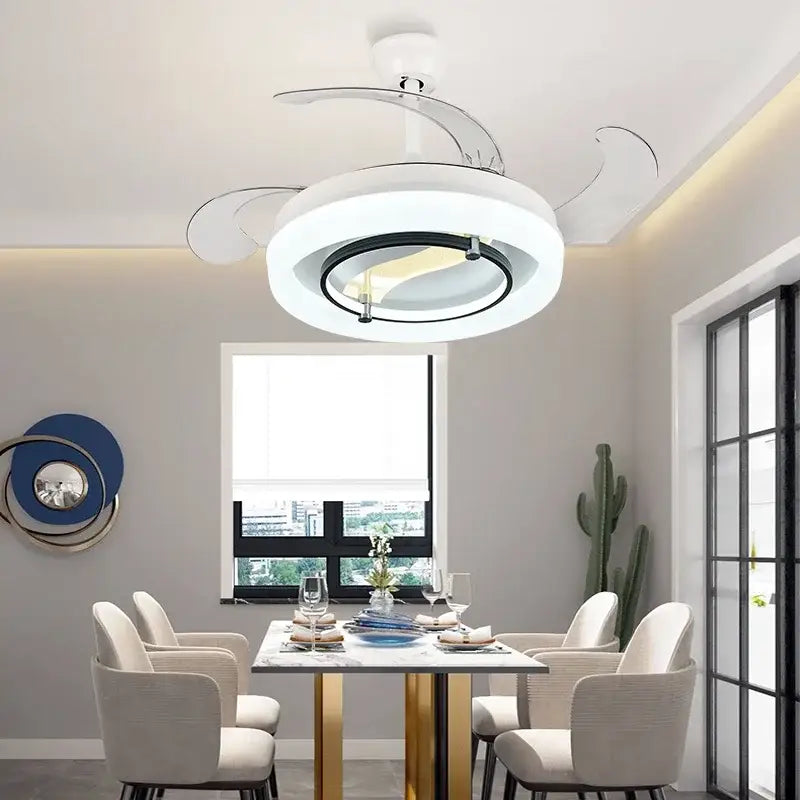 Modern white and black circular ceiling fan chandelier with integrated led lighting for bedroom ceiling fan chandelier use