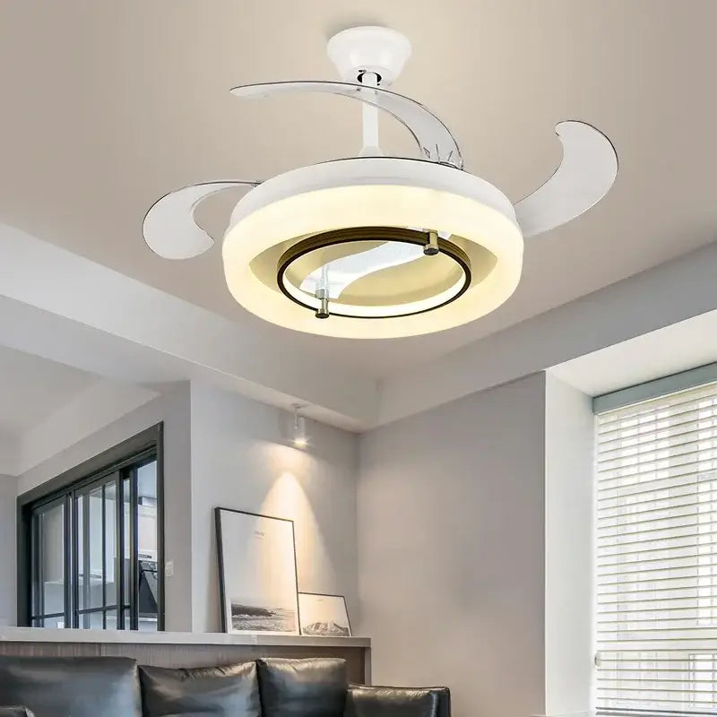Modern white retractable ceiling fan chandelier with integrated lighting and sleek curved blades for bedroom use