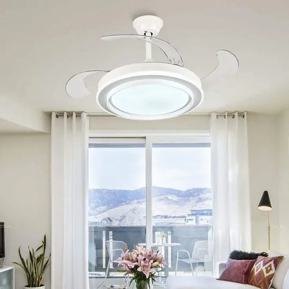 Modern white ceiling fan with curved blades integrated led lights and remote control for bedroom use