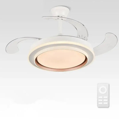 Modern white ceiling fan with chrome finish and integrated led lighting with remote control for bedroom living space