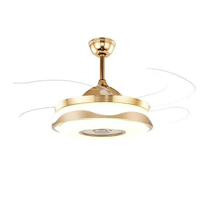 Modern gold bluetooth ceiling fan with integrated led lighting and sleek design for bedroom rgb color light use