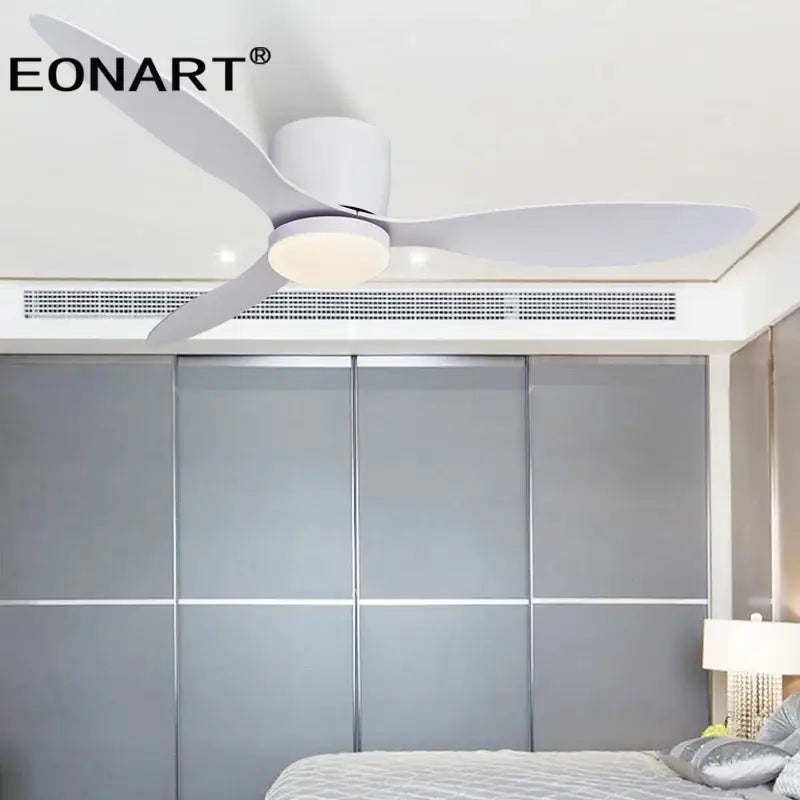 Modern white eonart ceiling fan with sleek blades, integrated led light, and remote control for bedroom use