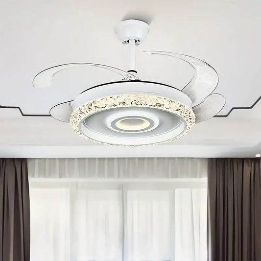 Modern white leaf fan chandelier with crystal-encrusted light ring and transparent curved blades for bedroom use