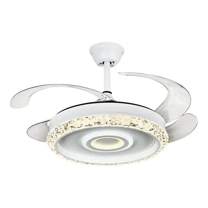 Modern white crystal leaf fan chandelier with sleek silver blades and sparkling crystal light fixture for bedroom
