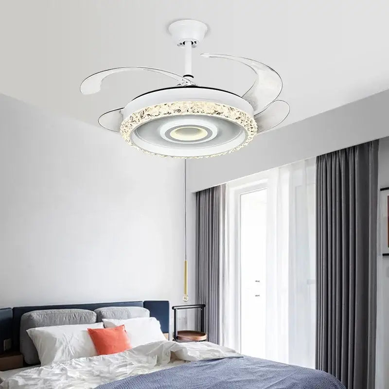 Modern white leaf fan chandelier with integrated led lighting and crystal accents for bedroom use