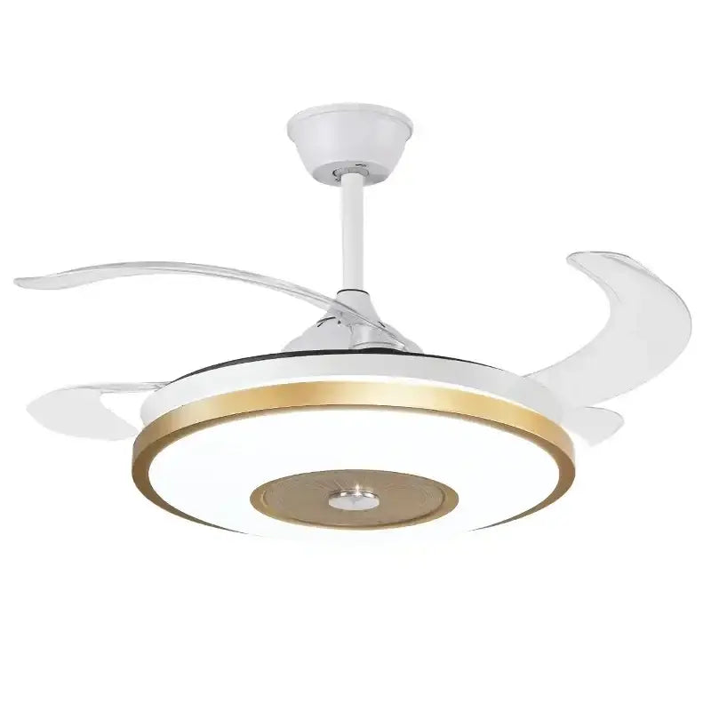 Modern gold led ceiling fan with remote featuring sleek white and gold accents in circular design for living room light
