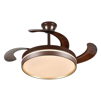 Modern black white ceiling fan with bronze finish, curved wooden blades, integrated light, and remote control for bedroom use