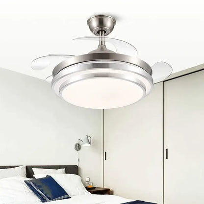 Modern brushed stainless led ceiling fan with silver-toned finish, integrated led ceiling lighting, and sleek retractable blades
