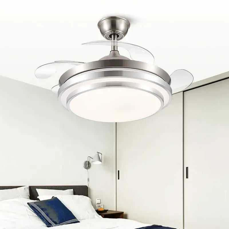 Modern brushed stainless led ceiling fan with silver-toned finish, integrated led ceiling lighting, and sleek retractable blades