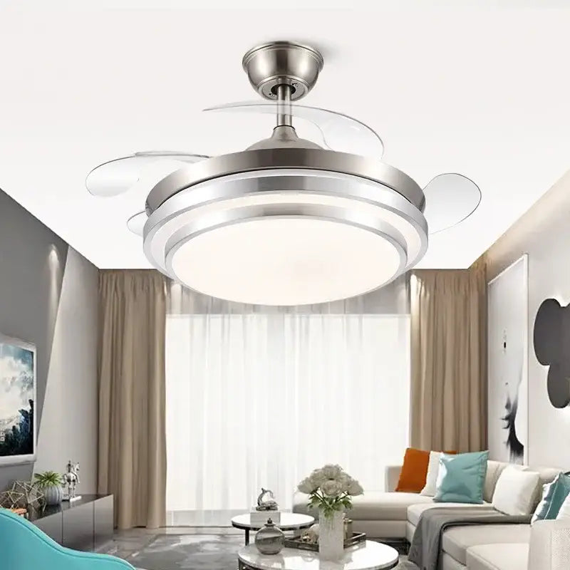 Modern brushed stainless ceiling fan with retractable transparent blades and integrated led ceiling lighting for bedroom use