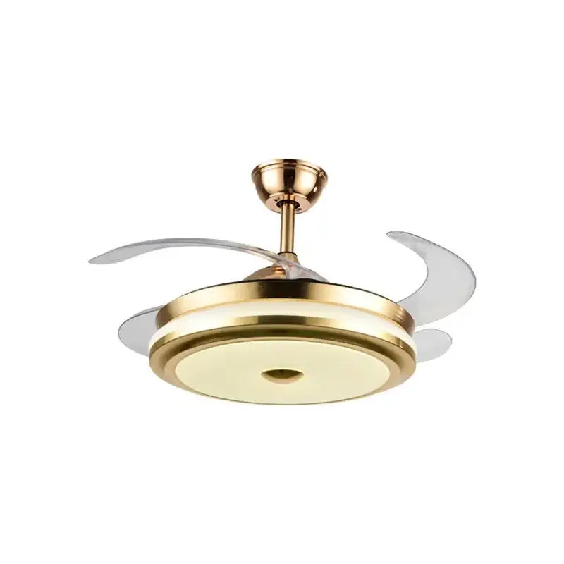 Modern gold ceiling fan light with integrated lighting and translucent curved blades for living room use