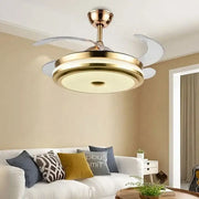 Modern gold retractable ceiling fan light with integrated fan light and translucent white blades for living room use