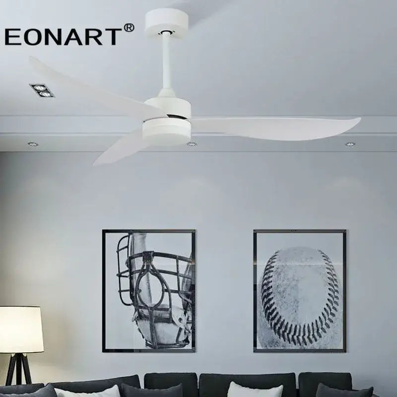 White eonart ceiling fan with sleek plastic blades and remote control for modern living room use