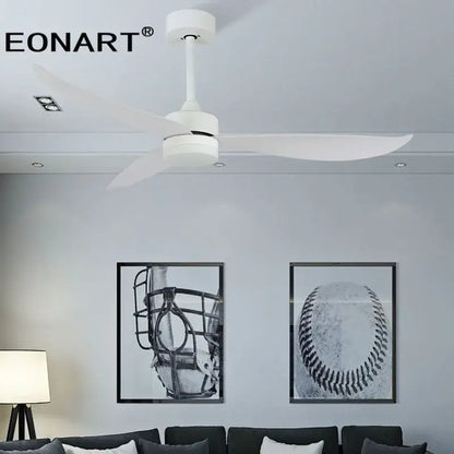 White eonart ceiling fan with sleek plastic blades and remote control for modern living room use