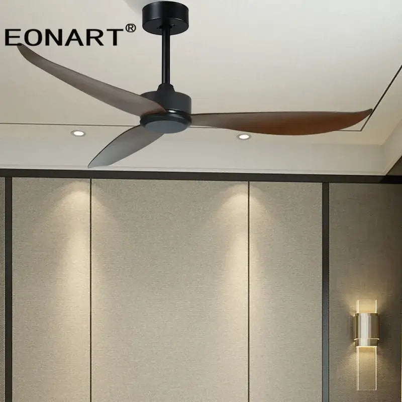 Modern black and dark brown ceiling fan with remote control and sleek plastic blade ceiling for living room use