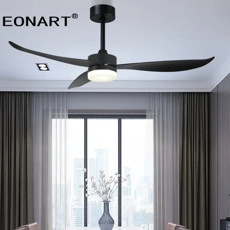 Modern black and dark brown ceiling fan with remote control plastic blade ceiling and integrated lighting for living room