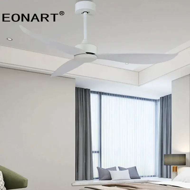 Modern black and dark brown ceiling fan with remote control and white plastic blade ceiling for living room use