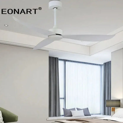 Modern black and dark brown ceiling fan with remote control and white plastic blade ceiling for living room use