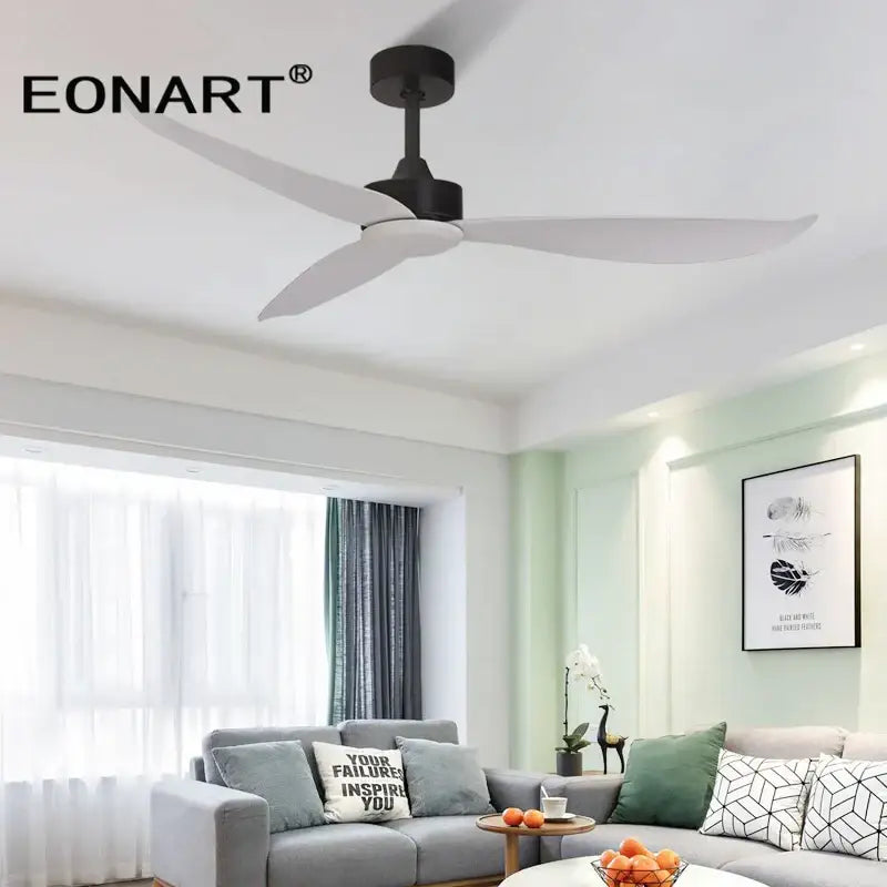 Modern black and dark brown plastic blade ceiling fan with remote control featuring sleek black and white eonart design