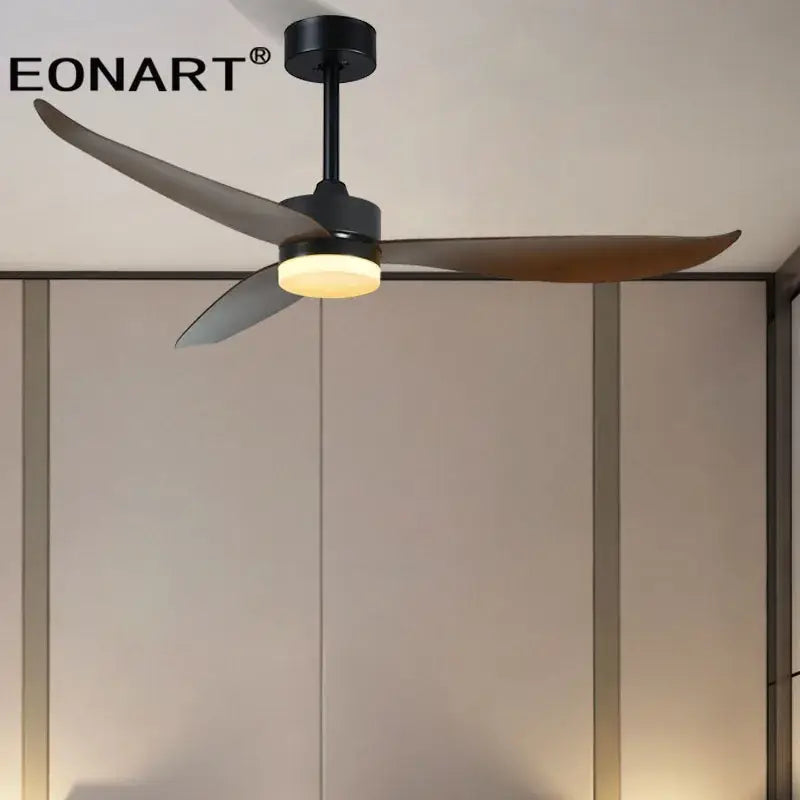 Modern black ceiling fan with three dark brown plastic blades and remote control for living room use with light fixture