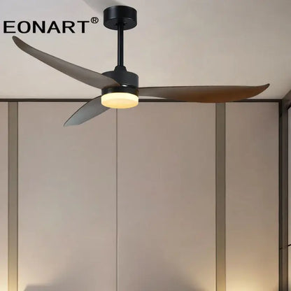 Modern black ceiling fan with three dark brown plastic blades and remote control for living room use with light fixture