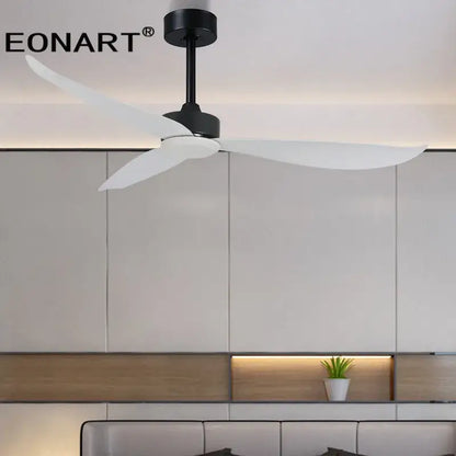 Modern black and dark brown plastic blade ceiling fan with remote control featuring sleek black and white design for living room