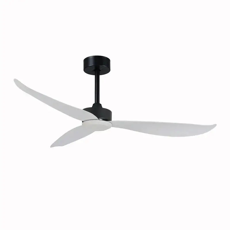 Modern black and dark brown ceiling fan with remote control and white plastic blades suited for living room use