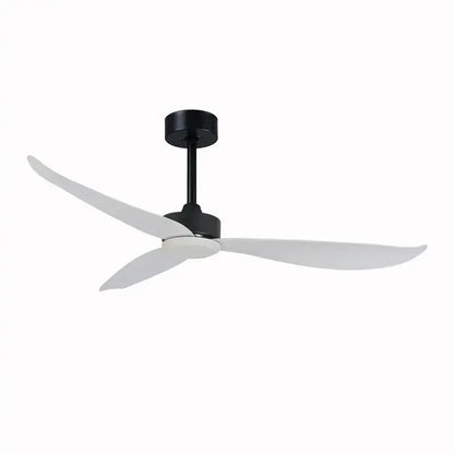 Modern black and dark brown ceiling fan with remote control and white plastic blades suited for living room use