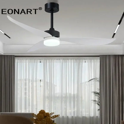 Modern black and dark brown ceiling fan with sleek plastic blade ceiling design and remote control for living room use