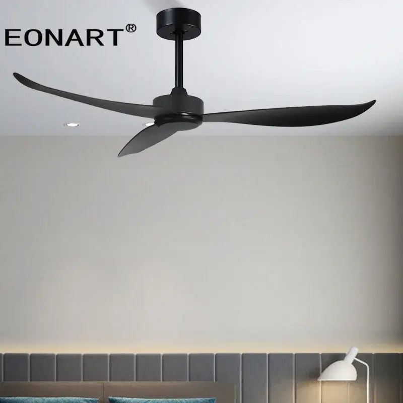 Modern black and dark brown ceiling fan with sleek plastic blades and remote control for living room use