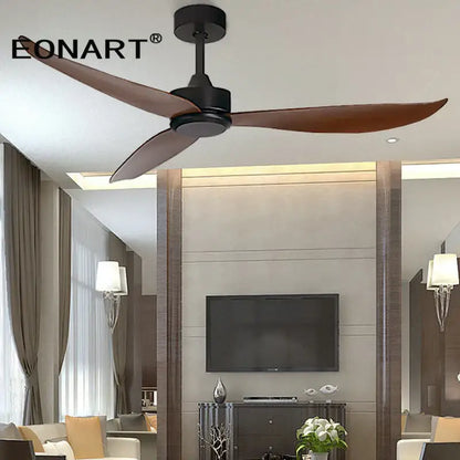 Modern black ceiling fan with three dark brown wooden blades and remote control for living room use plastic blade ceiling