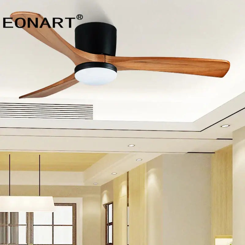 Eonart modern black and white ceiling fan with three wooden blades and integrated led dc ceiling light for bedroom use