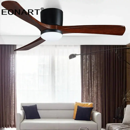 Eonart modern black and white wooden LED DC ceiling fan with dark wood blades and integrated bedroom light