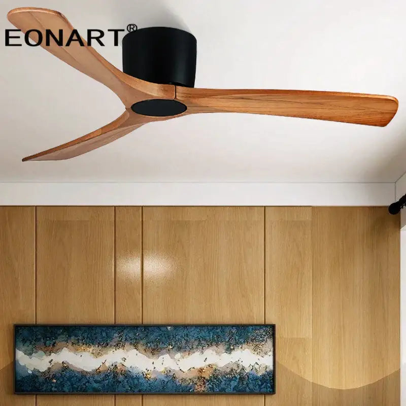 Eonart modern black and white wooden led dc ceiling fan with sleek wooden blades and black central housing for bedroom