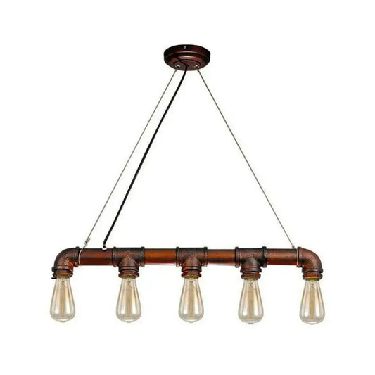 DecorBites™ industrial-style copper pendant light with five exposed filament bulbs and steampunk straight pipe design