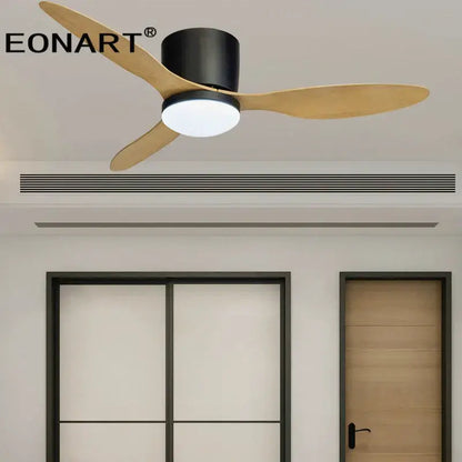 Eonart modern black and white ceiling fan with three wooden blades, integrated led light, and remote control for living room