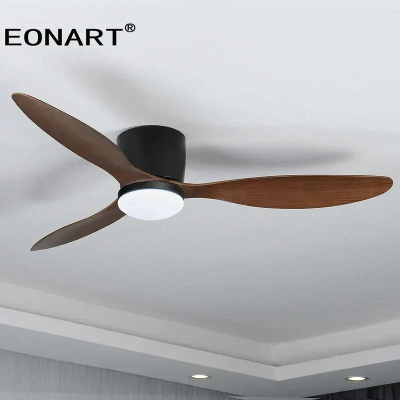 Eonart modern black ceiling fan with three dark brown wooden blades and integrated led light with remote control
