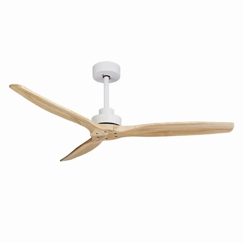 Modern ceiling fan with three light wood blades, white housing, led light, and remote control for living room use