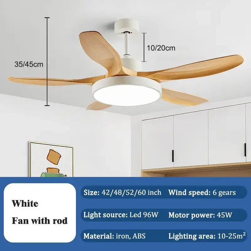 Modern light wood ceiling fan light with white blades and central led light fixture for living room use