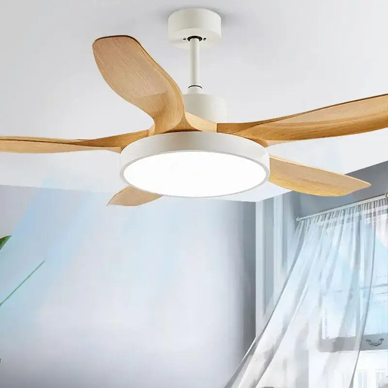 Modern light wood ceiling fan light with five blades and white led housing for living room ceiling fan use