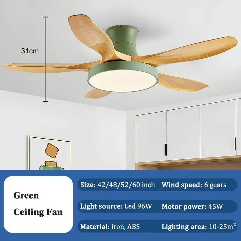 Modern green ceiling fan with wooden blades and integrated led fan light made of iron and abs plastic with remote control