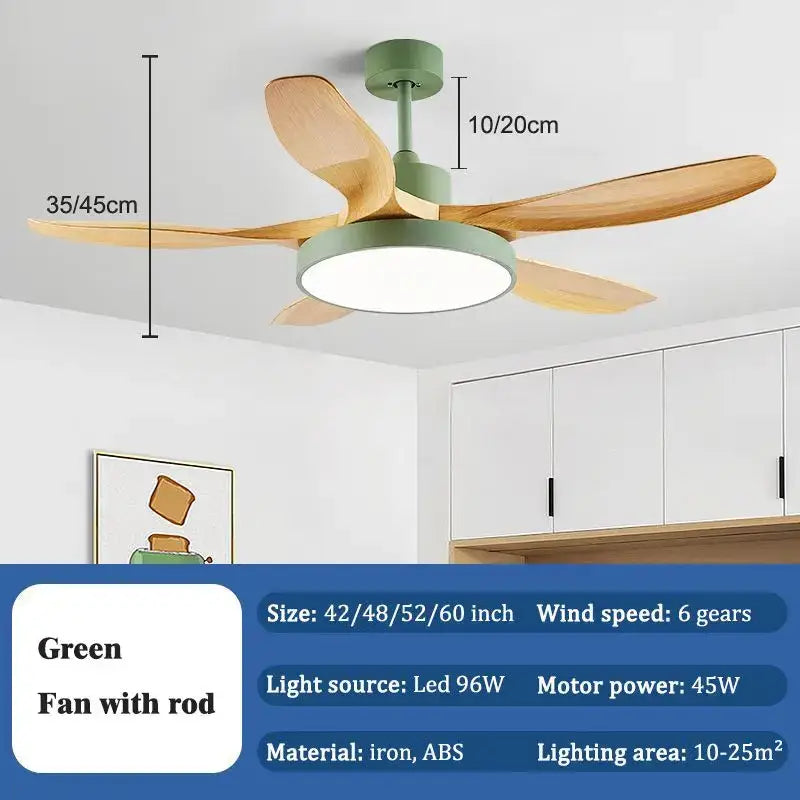 Modern light wood ceiling fan with sage green motor housing and integrated led fan light with remote control for living room