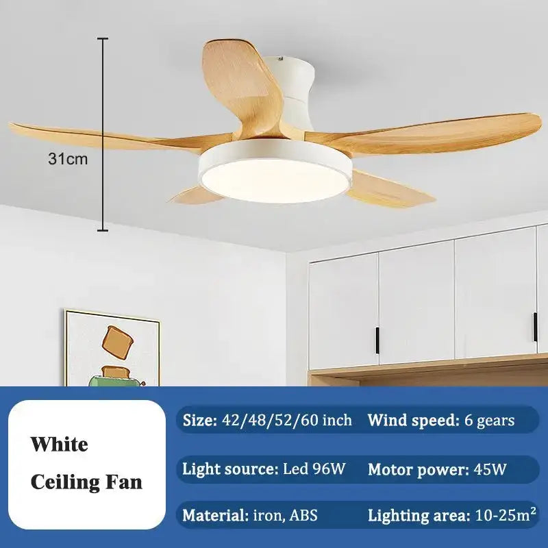 Modern white ceiling fan light with wooden blades and circular led fixture perfect for living room use