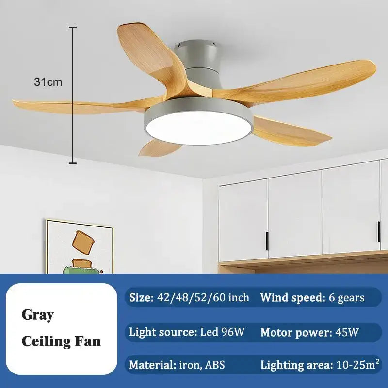 Gray ceiling fan light with five light wood blades and circular led fixture made of iron and abs for living room use